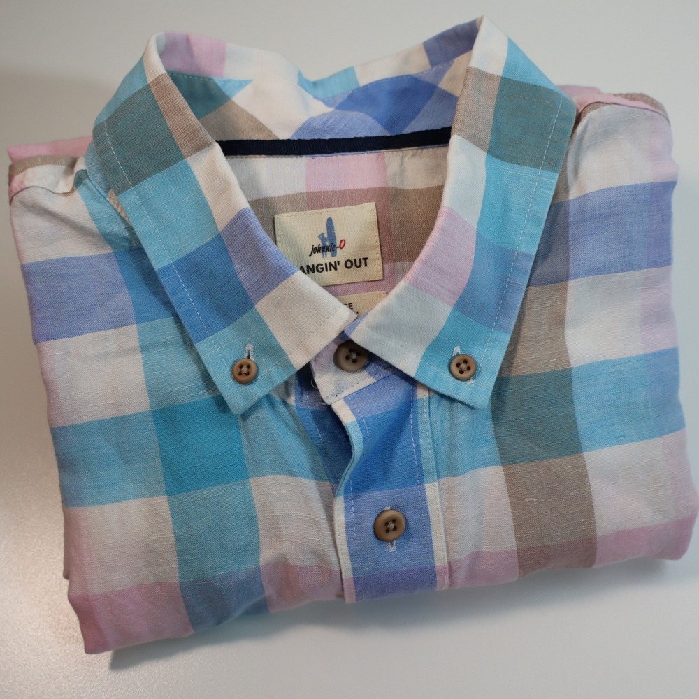Johnnie-O Hangin Out Shirt Mens XL Blue Pink Plaid Linen Blend Short Sleeve